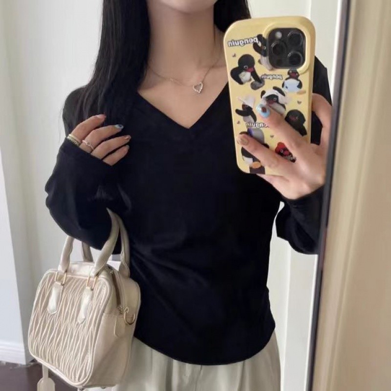 【100% cotton 】Áo baby tee Áo thun dài tay cổ chữ V thời trang mùa hè thu dành cho nữ | BigBuy360 - bigbuy360.vn