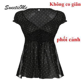 SweeticMe Áo Nữ 2025 Thời Trang Cổ Chữ V Gợi Cảm Áo Thun Chấm Bi Thường Ngày