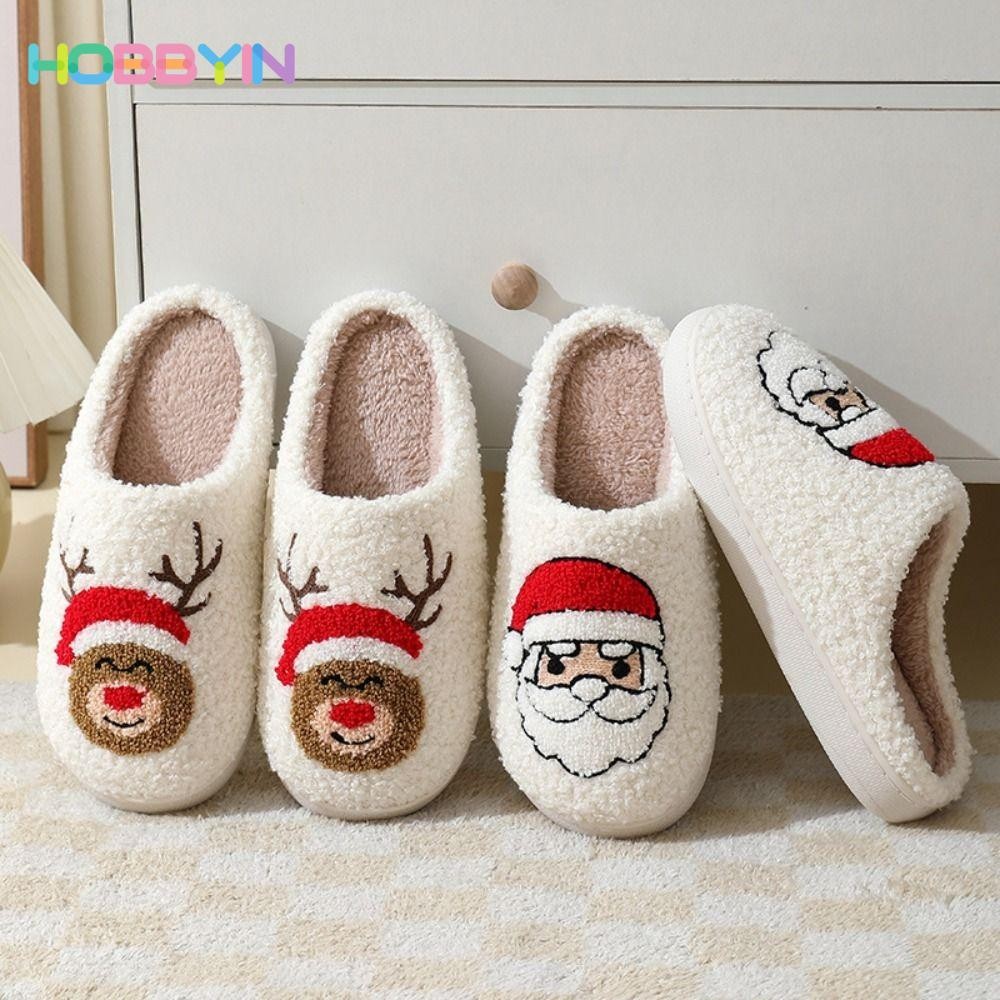 Dép Giáng Sinh HOBBYIN, Dép Cotton Ấm Áp Ông Già Noel Nai Sừng Tấm, Giày Mềm Chống Trơn Trượt Thoải Mái Mùa Đông