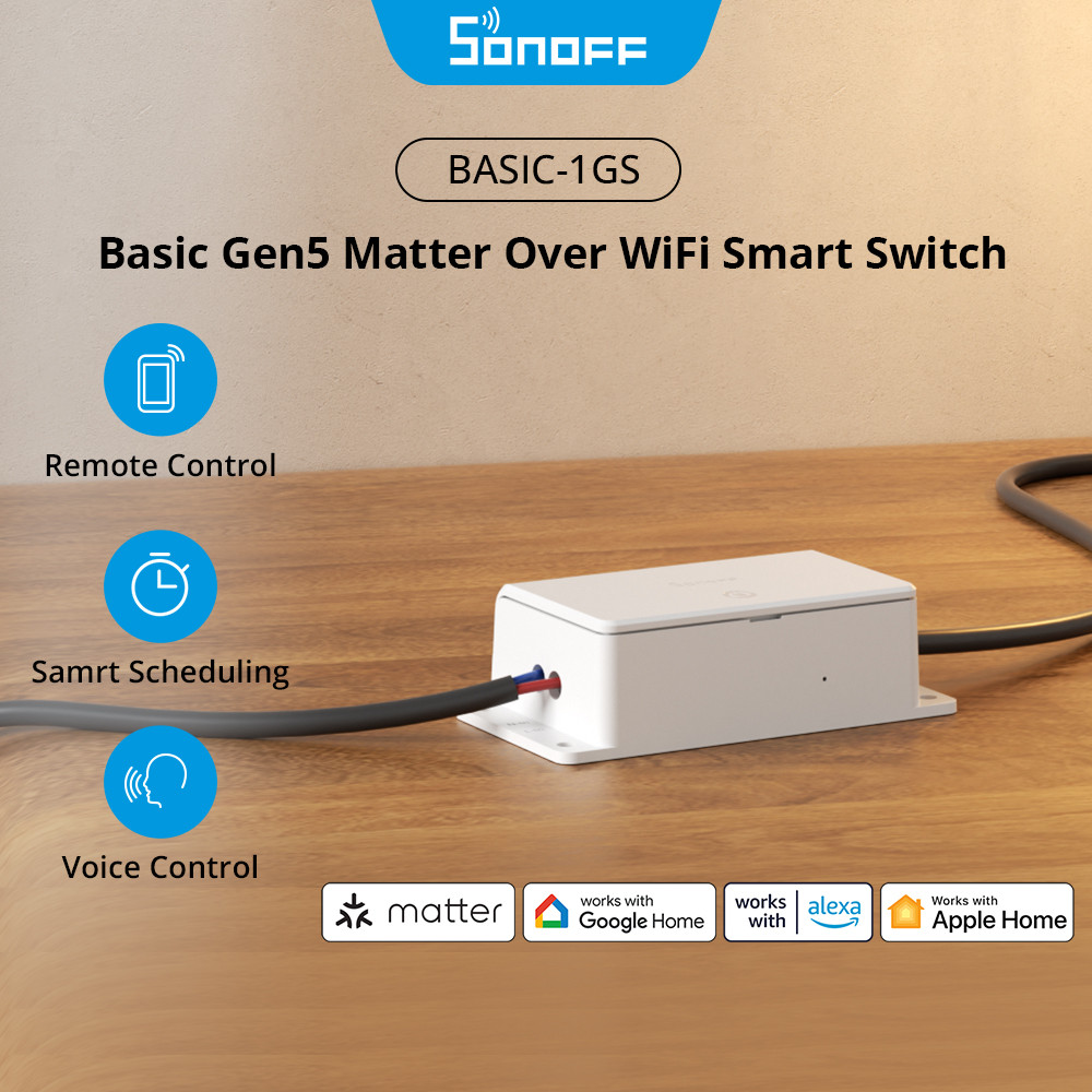 SONOFF BASIC-1GS Matter Over WiFi Công tắc thông minh Gen5 Cơ bản Giao thức vật chất Bề mặt cảm ứng lớn Chế độ chuyển đổi ma thuật Điều khiển cục bộ đáng tin cậy Hệ sinh thái Apple tương thích với vật chất