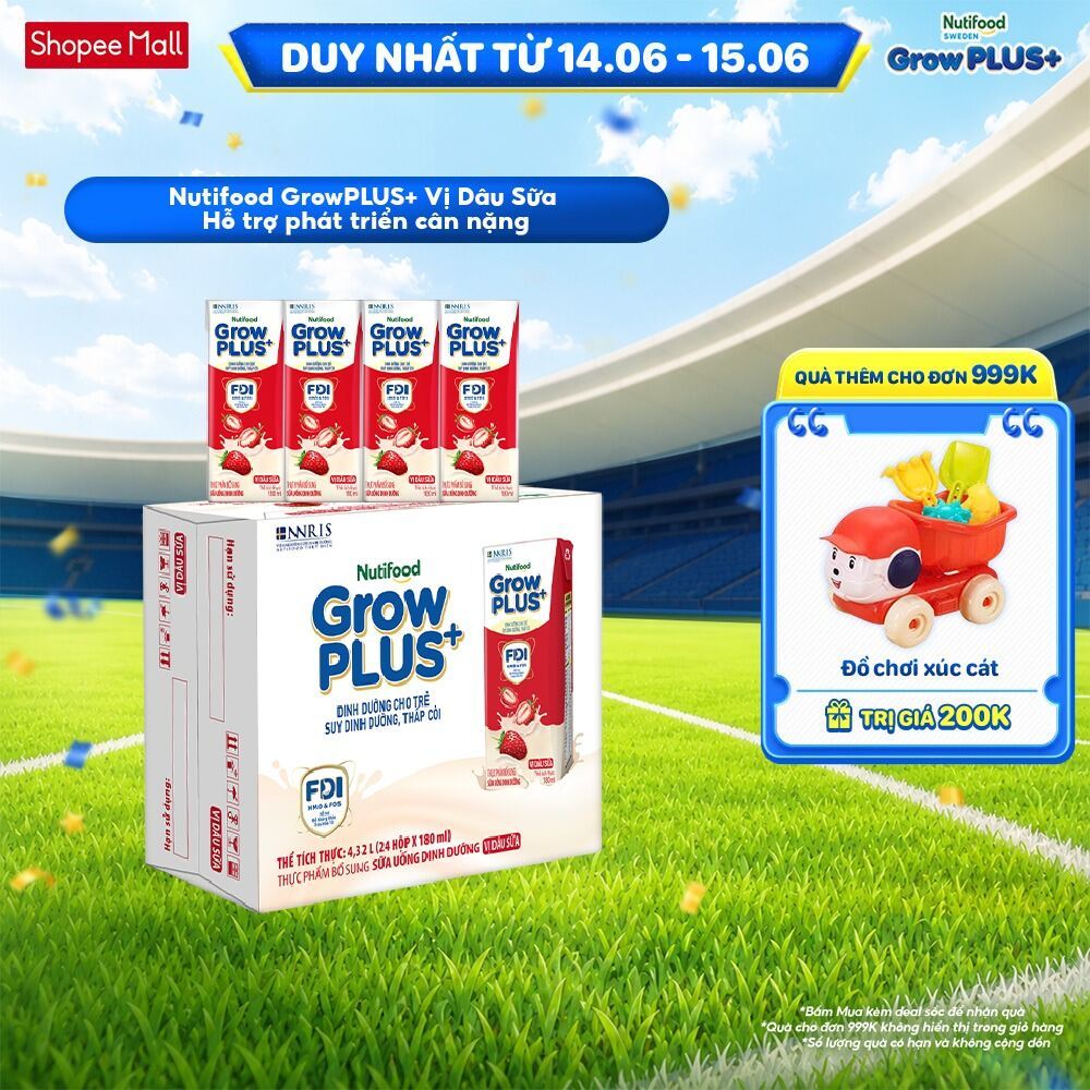 Thùng 24 hộp Sữa bột pha sẵn Nutifood GrowPLUS+ Vị Dâu Sữa hộp 180ml - Trên 1 tuổi (24 hộp x 180ml)