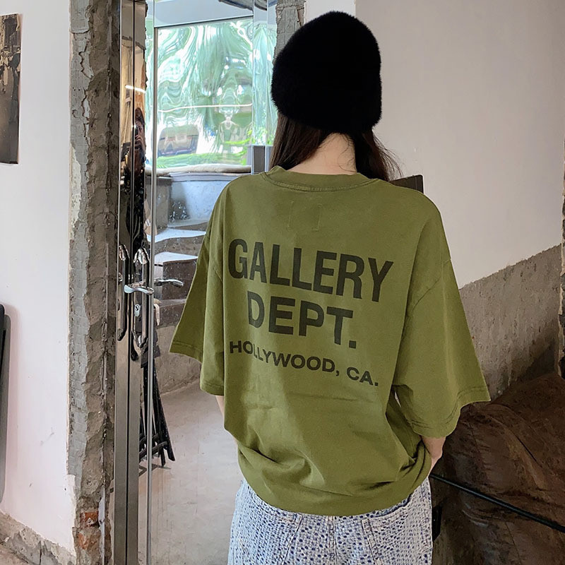 FO9V GALLERY DEPT Classic Letter Print Short T Army green vintage washed loose-fit men's short-sleev