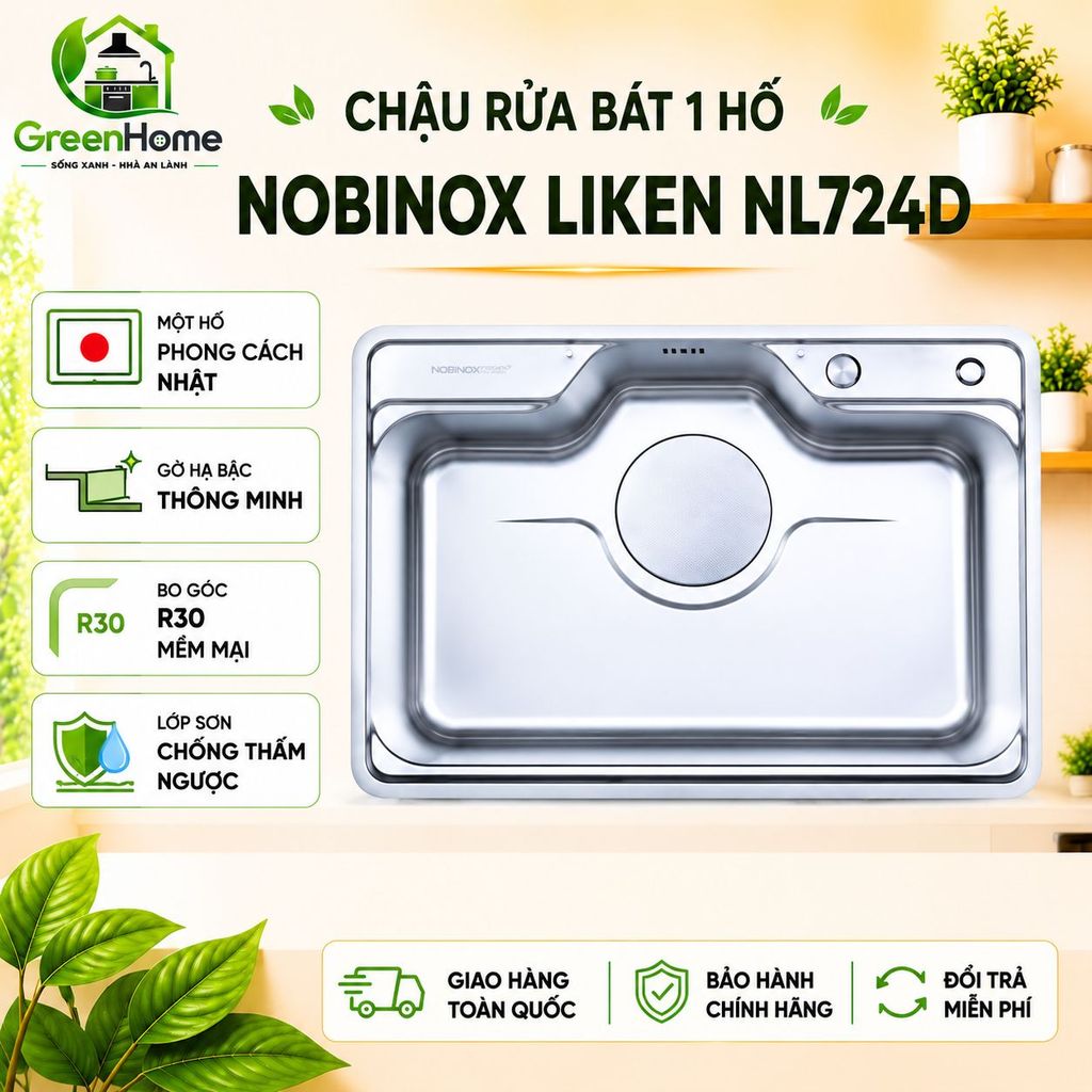 CHẬU RỬA BÁT 1 HỐ NOBINOX LIKEN NL724D | KÍCH THƯỚC 72X48CM | BỀ MẶT MỊN | Hàng chính hãng