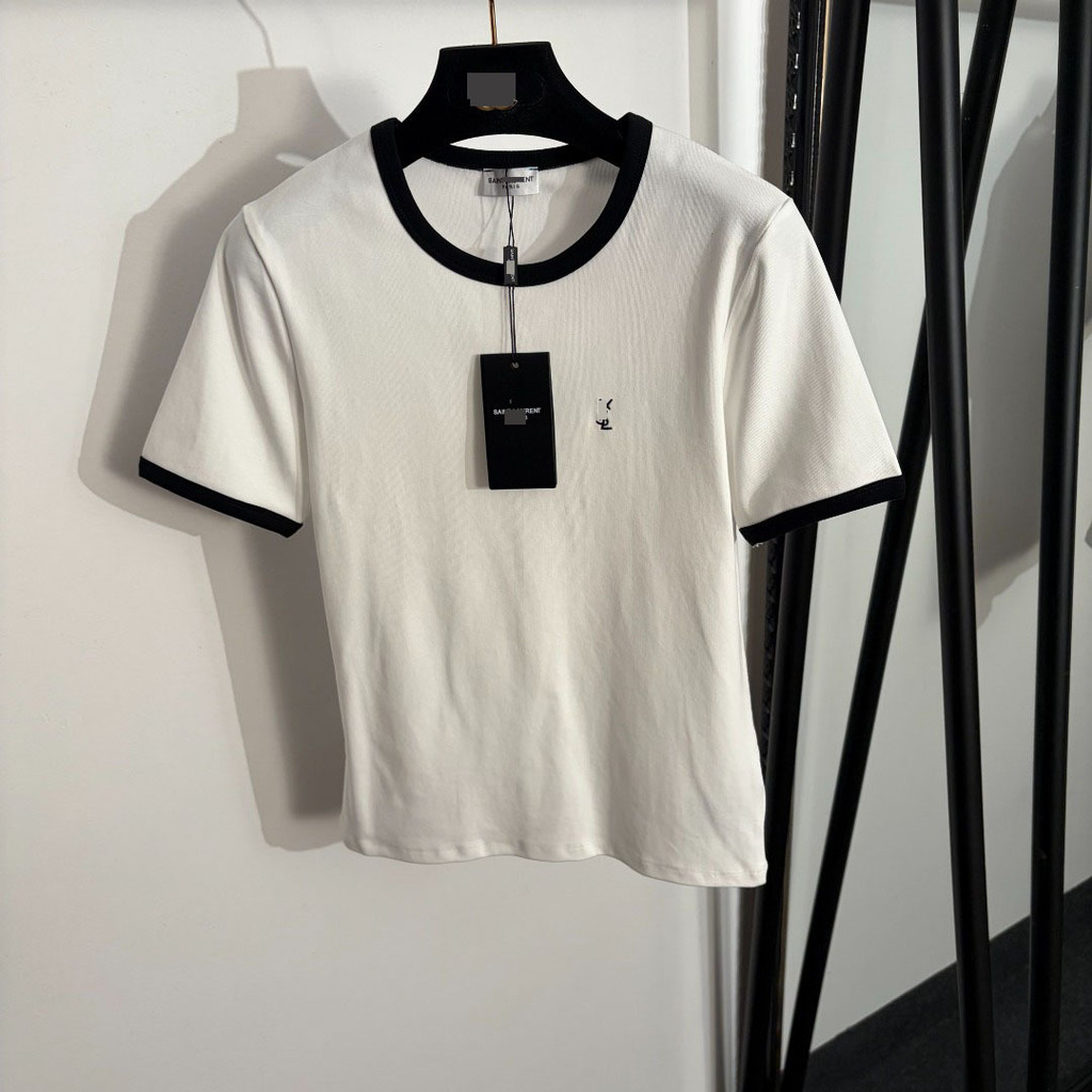 4NB4 SLP Elegant slim-fit cute style with beaded letter shoulder button decoration, pure cotton shor