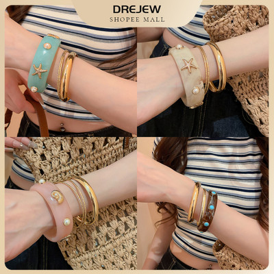 DREJEW Bộ 3 chiếc vòng tay đại dương nhựa & kim loại Sao biển ngọc trai giả đeo chồng đi biển du lịch hàng ngày