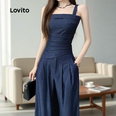Lovito thanh lịch Áo quần xếp ly đơn giản mùa xuân hè bộ đồ xanh đậm L166AD1002