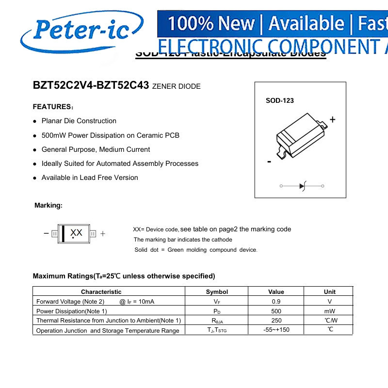 (100-500 chiếc) Diode ổn định điện áp SMD Transistor BZT52C12 WH SOD-123