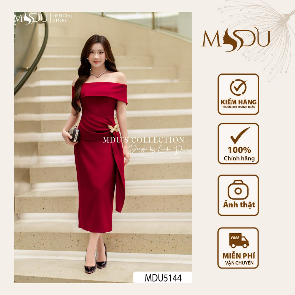 Váy Mango Ý MDU5144 Gam Đỏ Rượu Vang Sang Trọng Thiết Kế Trễ Vai Cùng Đắp Vạt Lệch Eo Lạ Mắt Từ MDU