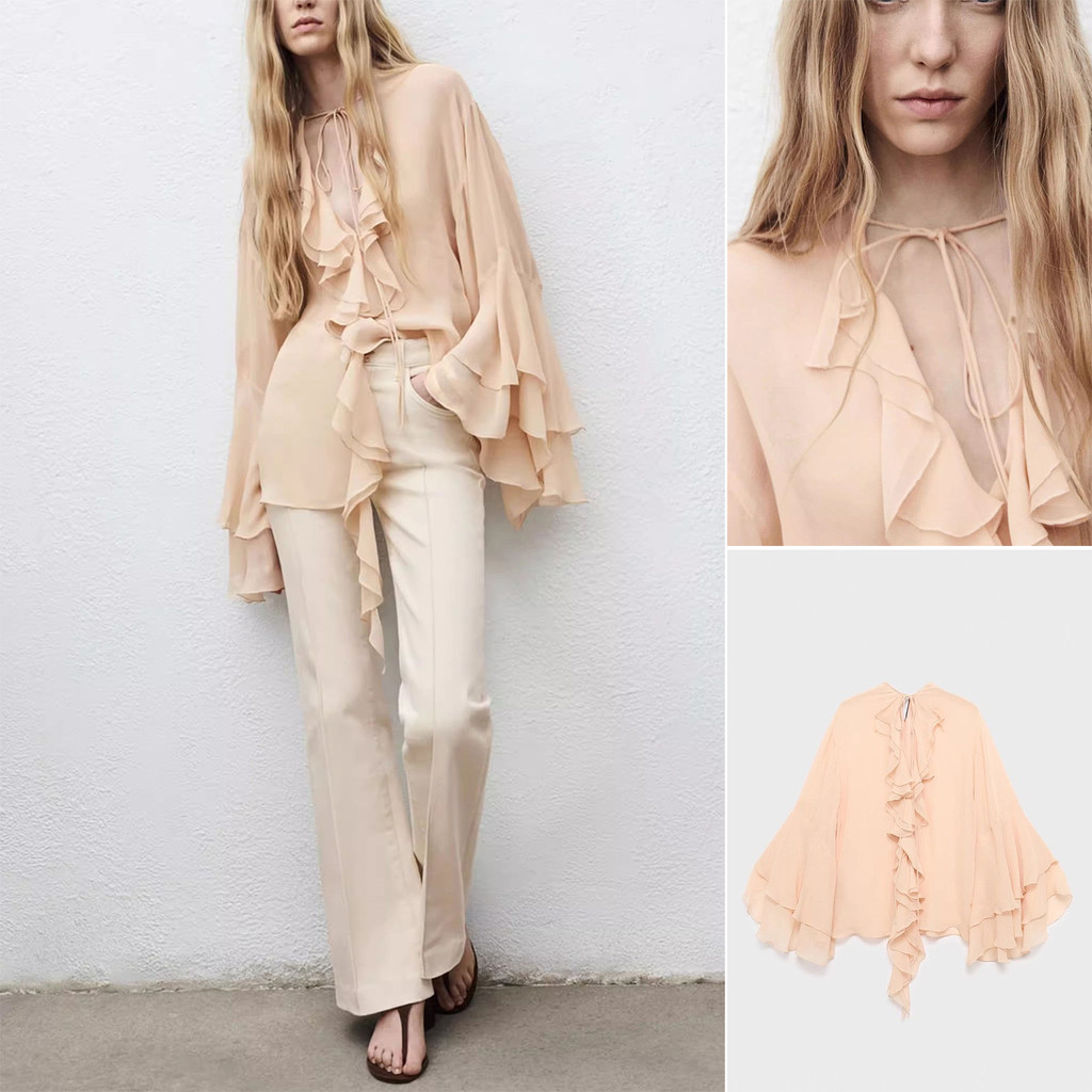 ZA Mùa Thu Sản Phẩm Mới Ren-Up Áo Sơ Mi Tay Trumpet Xù 17024447