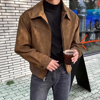 Áo khoác nam Ocshean da lộn, dây kéo, dáng oversize, thiết kế cổ áo đơn giản