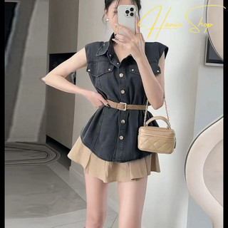 {Hannie-Oder}Thời Trang Hàn Quốc Khí Chất Mùa Hè Phong Cách Mới Retro Denim Một Bên Ngực Thắt Lưng Không Tay Áo Bộ Quần 