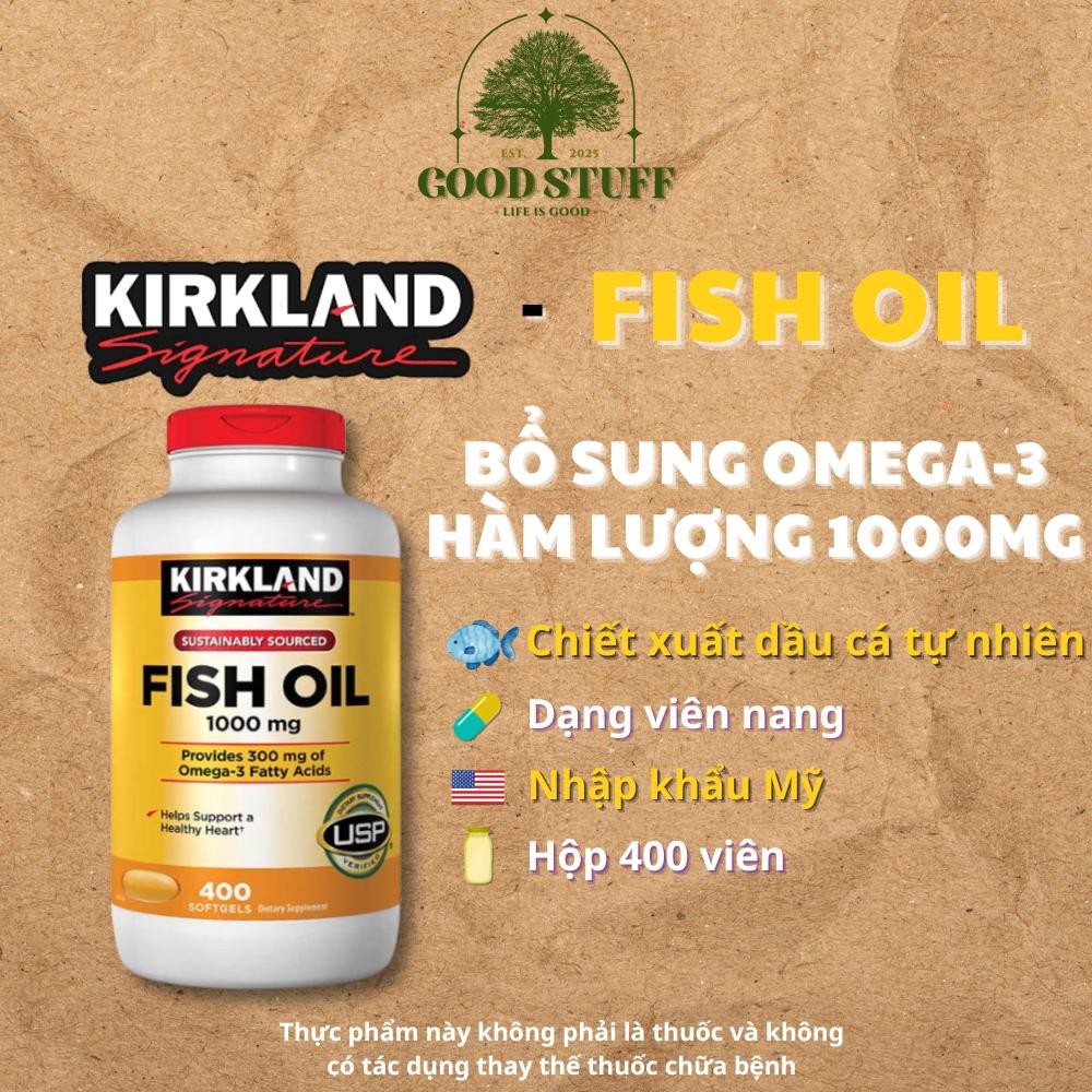 Viên uống dầu cá Kirkland Signature Fish Oil 1000mg - Bổ sung Omega-3, DHA, EPA tim, não bộ 400 viên