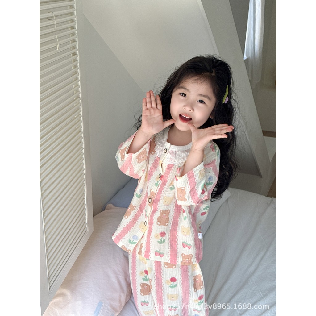 Trẻ Em Trung Niên Xuân Hè Bộ Đồ Ngủ Dài Tay Bé Gái Bé Gái Nhà Quần Áo Gạc Cotton Điều Hòa Quần Áo Cô