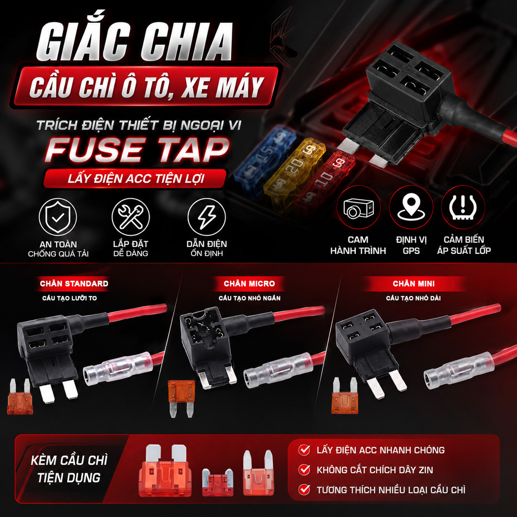 Giắc Chia Cầu Chì Ô Tô, Xe Máy Fuse Tap Chân Lùn Low-Profile Mini – Trích Điện Thiết Bị Ngoại Vi  lấ