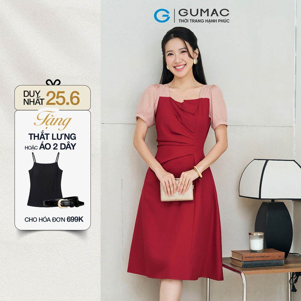 Đầm Nữ GUMAC Form A Xếp Ly Tay Phồng Phối Tơ Nữ Tính Hiện Đại LDE0701