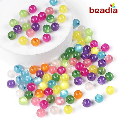 Set hạt xâu chuỗi BEADIA nhựa tròn acrylic mắt mèo dành cho làm đồ trang sức DIY