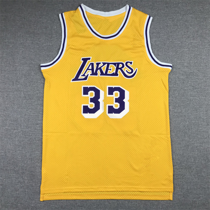 LAKERS 33 Retro Vàng Tím Vàng Nhãn Jabar Thêu JABBAR LAKERS BASKETBALLJERSEY