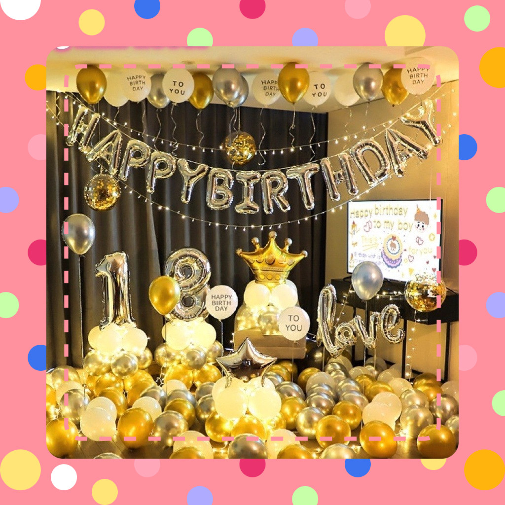 Combo bóng bay trang trí sinh nhật KD454 Tông Vàng Tặng Đèn Led 5 Mét Siêu Xịn