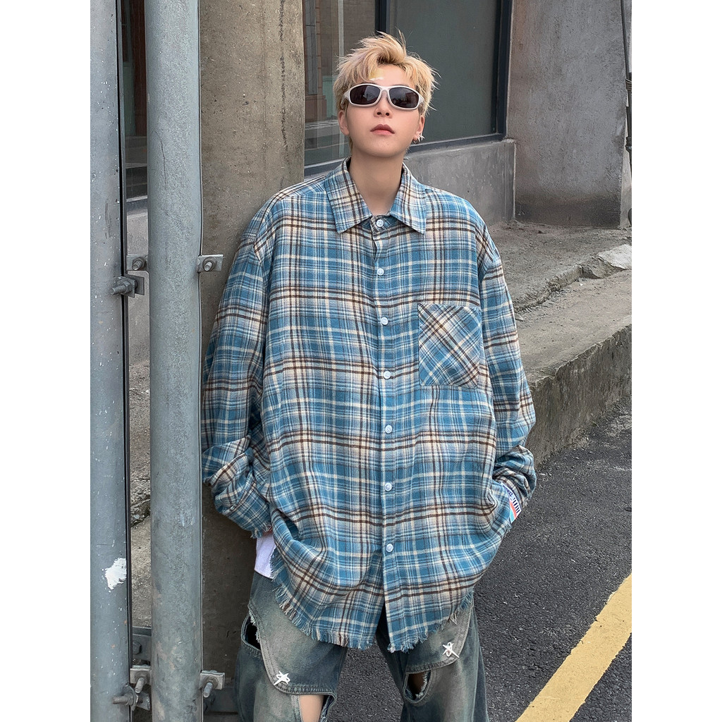 Vintage Mỹ Retro Kẻ Sọc Áo Sơ Mi Nam Dài Tay Thu Đông Rời Cao Cấp Kiểm Tra Raw Edge Áo Sơ Mi Áo Khoá