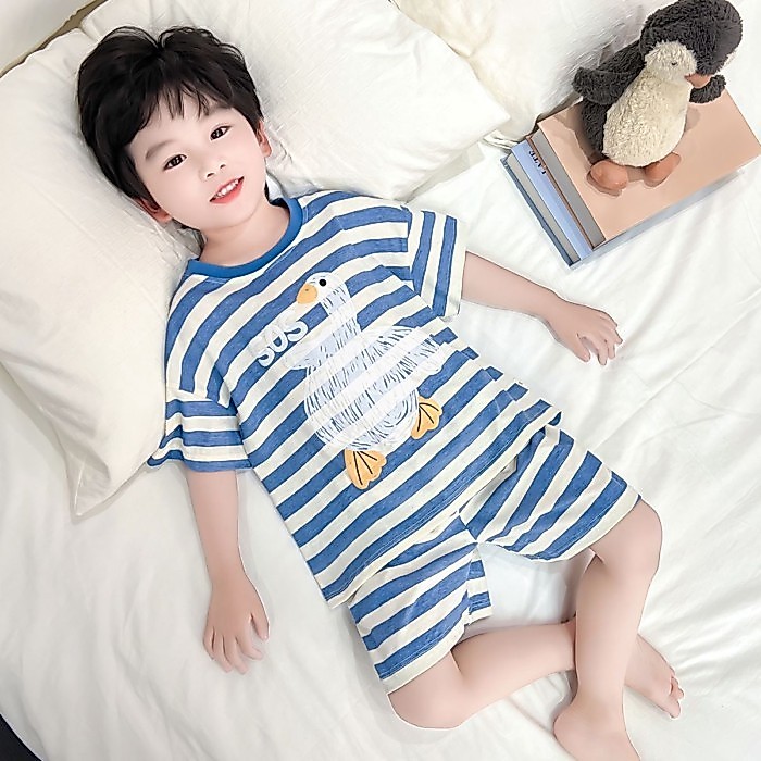 Children's Summer Pure Cotton Boy Baby Home Clothes Loose Pajamas Set Thin Cotton Striped Sho