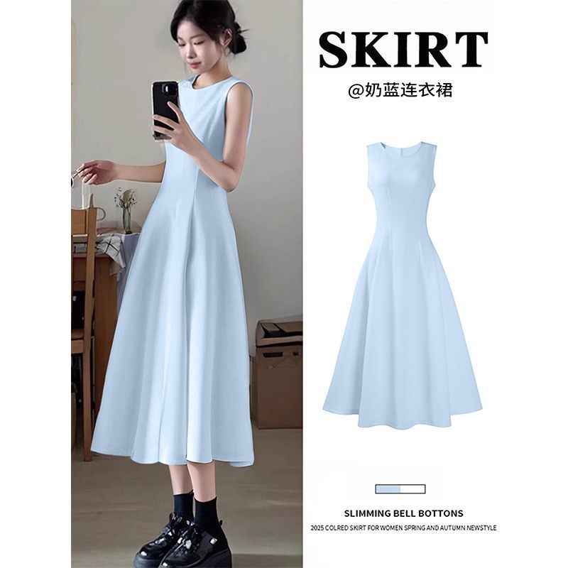 Váy Xanh Nữ 2025 Ngày Đẹp Dài Nhỏ Váy Xanh Chữ A Nghẹt Eo Váy Dài Màu Xanh Không Tay Đầm Nữ 2025 Ngà