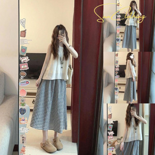 {Sun-Oder}Trang Phục Mùa Hè Với Trọn Bộ Áo Sơ Mi Không Tay Cổ Điển Kiểu Pháp, Váy Kẻ Ô Kẻ Sọc Cho Nữ