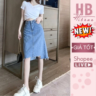 Chân váy jean midi chữ a váy bò cạp cao dáng dài qua gối cạp cao rách gấu xẻ tà sau Hibena V14