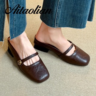  Da 6cm Vuông Mules Xăng đan Nữ Đế Bằng Giày Mềm Bên Ngoài Mặc Màu Trơn Dép Nữ Cao Gót Mary Jane Giày 