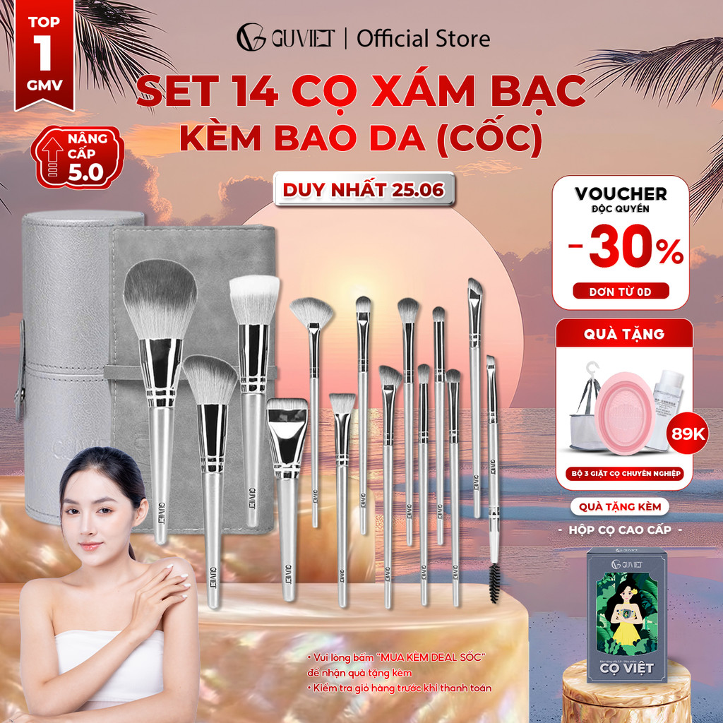 Bộ cọ trang điểm cá nhân GUVIET set 14 cây màu xám bạc có bao da (cốc)