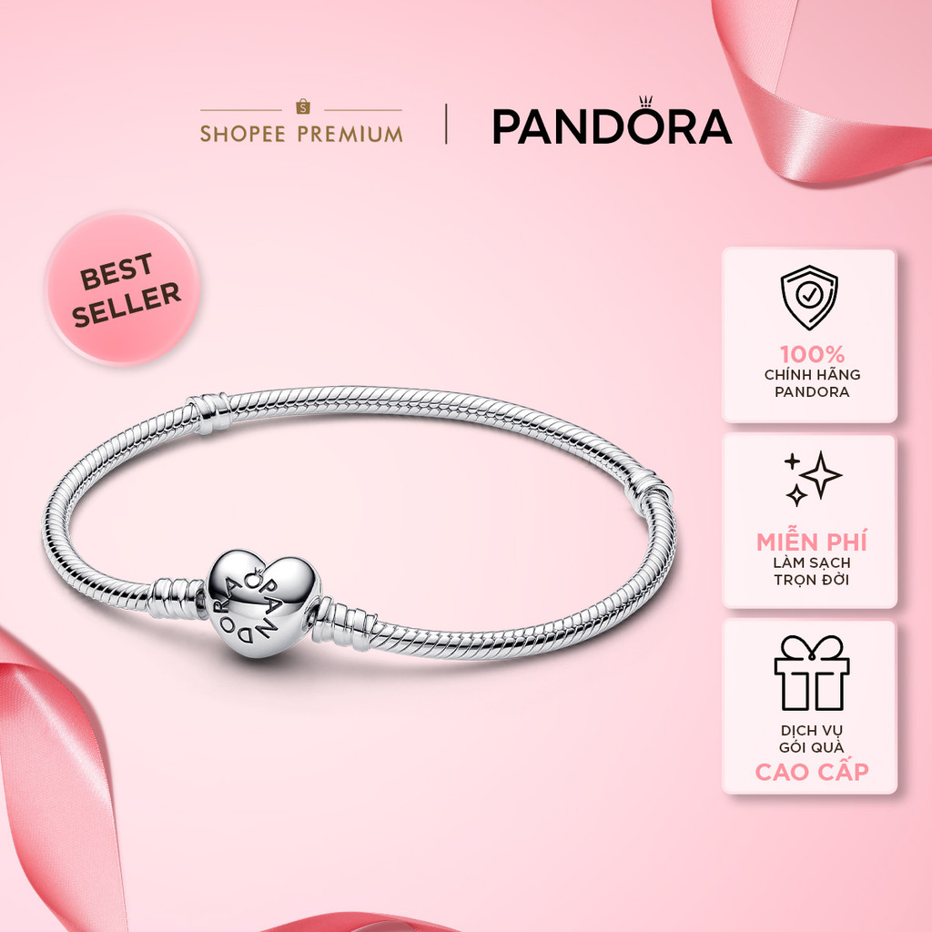 [Deal Độc Quyền] Vòng Tay Bạc Pandora Moments Dây Rắn Khóa Trái Tim 590719