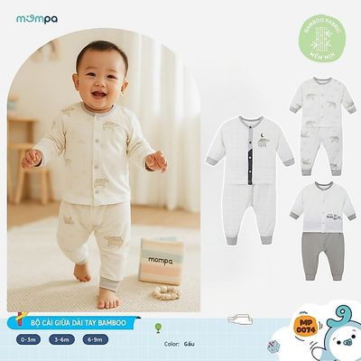 Đồ bộ cho bé sơ sinh Mompa dài tay 0-9 tháng vải Sợi tre Bamboo mềm mịn co giãn cúc giữa 0074