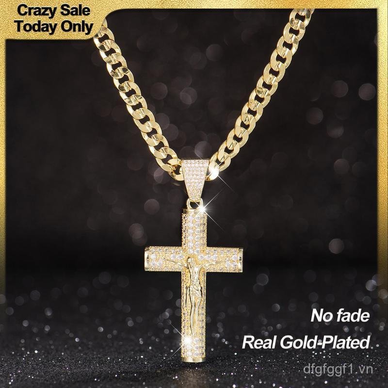 Vòng cổ mạ vàng HolyLegend 14K-Cuba Chain, Figaro Chain, Miami Chain, với Jesus Cross, Chiều dài 24 
