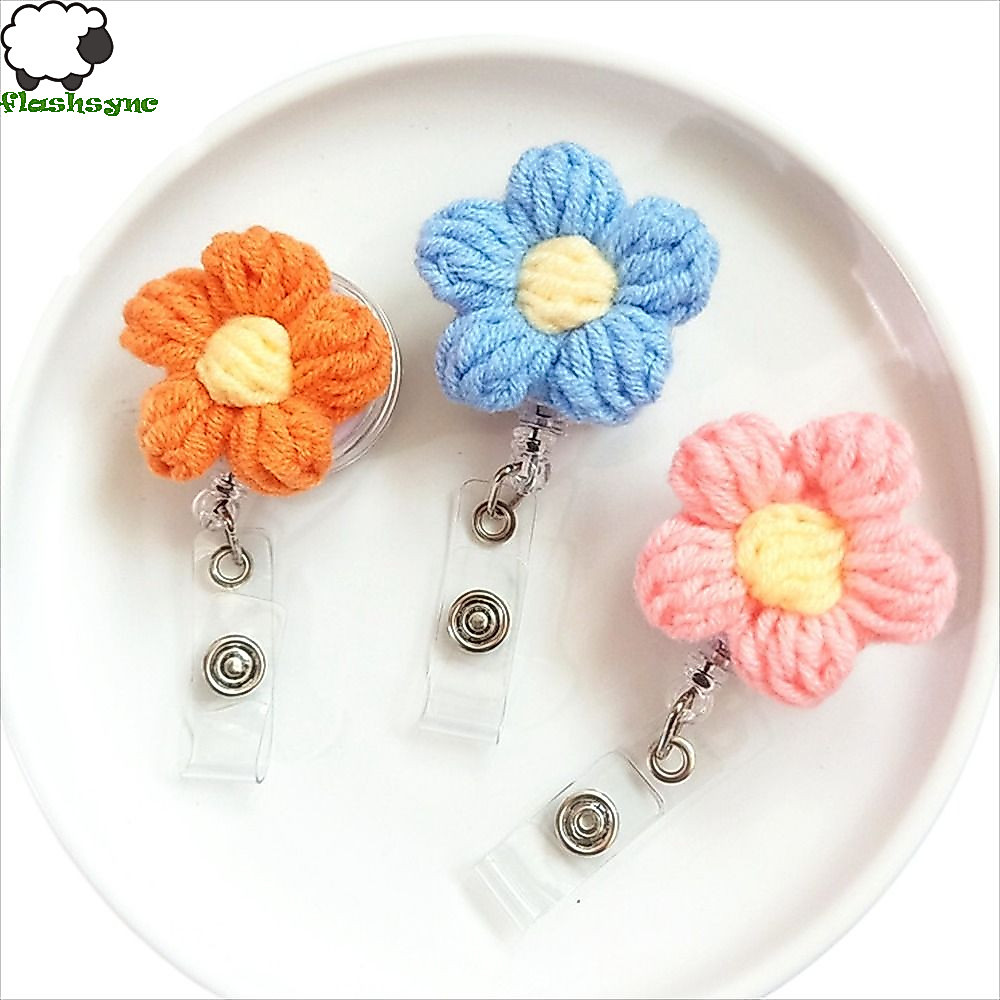FLASHSYNC Nurse Badge Reel, Giá đỡ huy hiệu hoa có thể thu vào bằng len, Thẻ tên Kawaii Đan Flora 3D