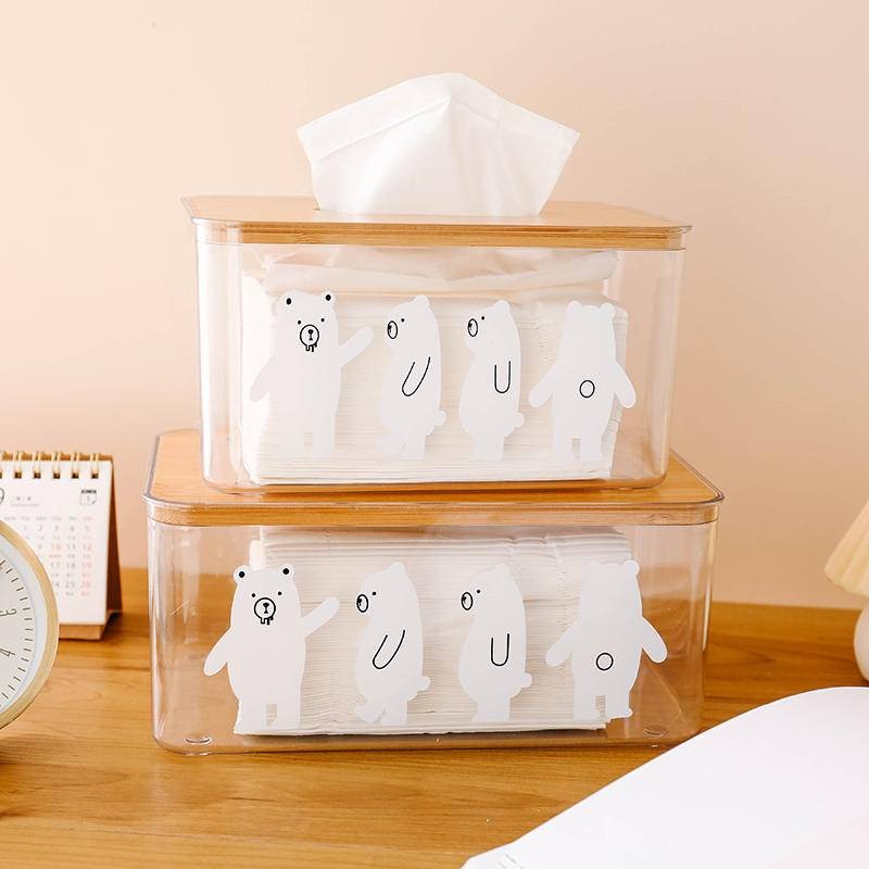 Cute Bear Transparent Tissue Box Simple Living Room Dining Tray Bamboo Lid Storage Box