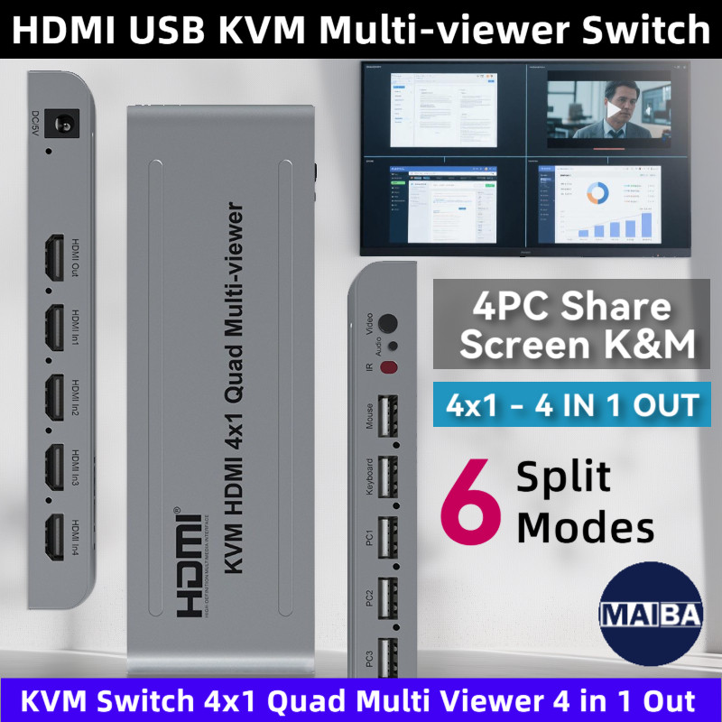 HDMI KVM Switch 4x1 Quad Multi Viewer 4 trong 1 Ra KVM Bộ xử lý HDMI Màn hình Multiviewer Liền mạch 