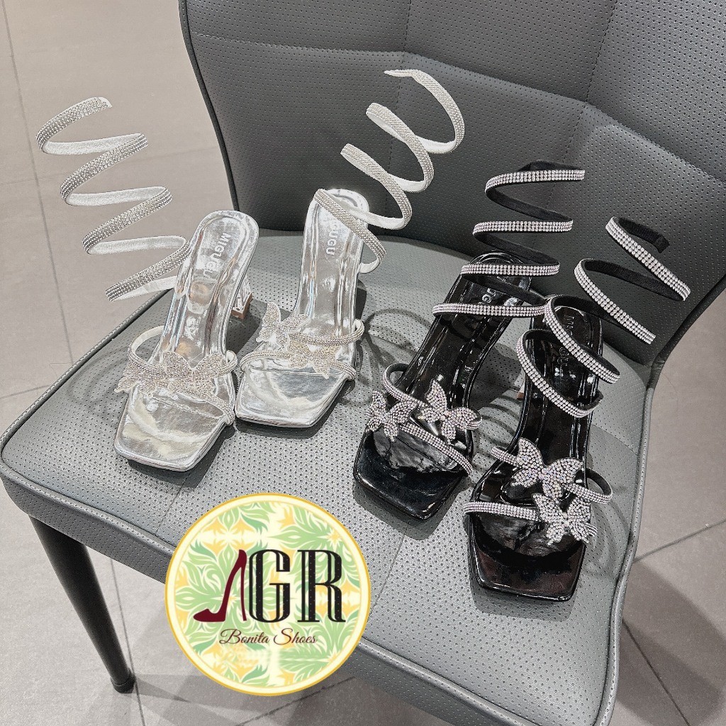 Cao Gót Mũi Vuông Đính Đá Nơ B Dây Quấn Vòng Chân Cao 6 cm - G241