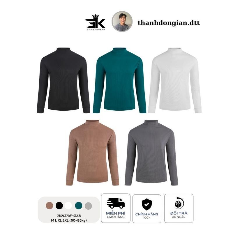 [3KMENSWEAR] Áo thun dài tay, áo giữ nhiệt chất liệu thun gân tăm co giãn 4 chiều cổ cao bo tay thời