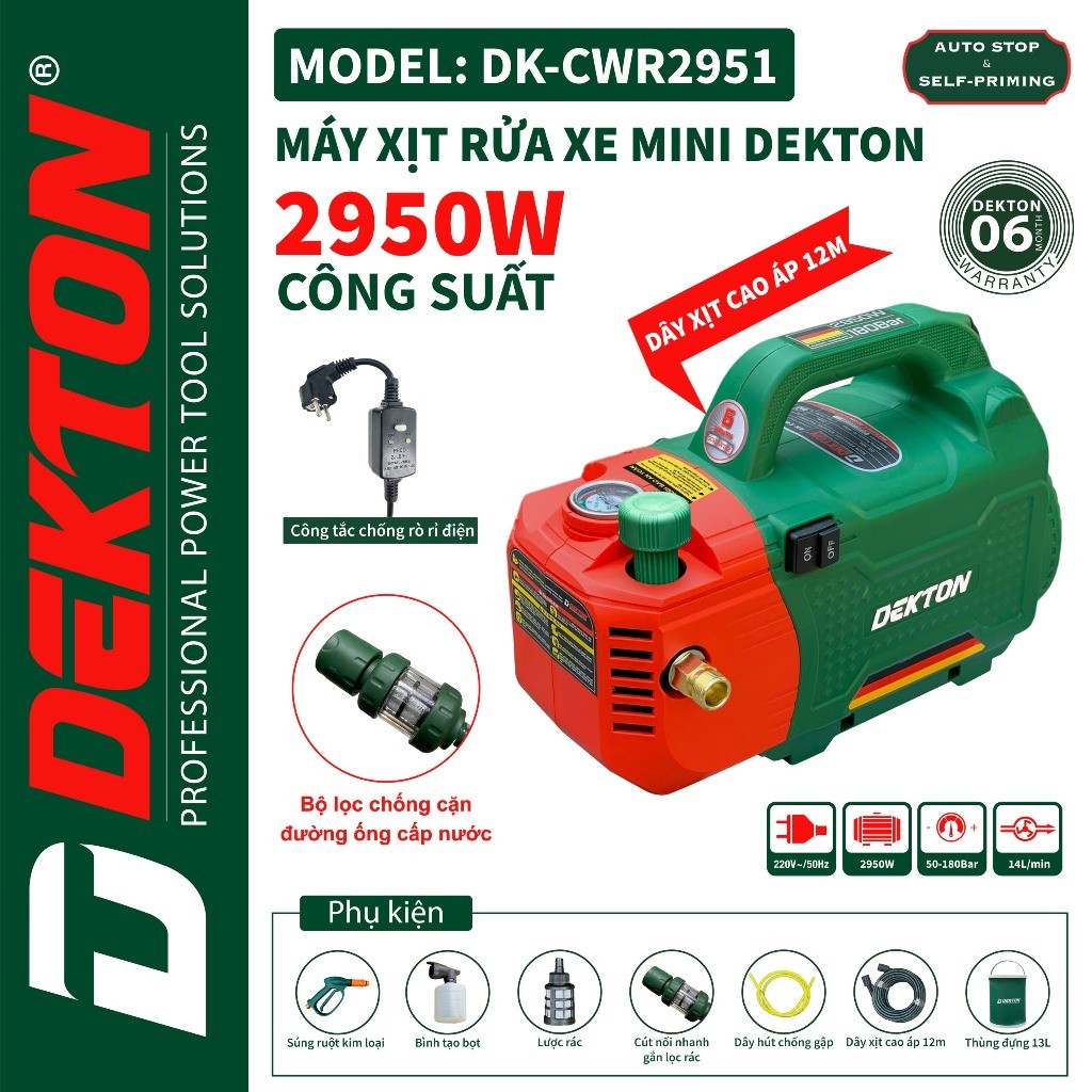 Máy Xịt Rửa Dekton 2950W / DK-CWR2951 / Có Chỉnh Áp / Áp Lực 50-180BAR / Lưu Lượng Nước 14L/MIN