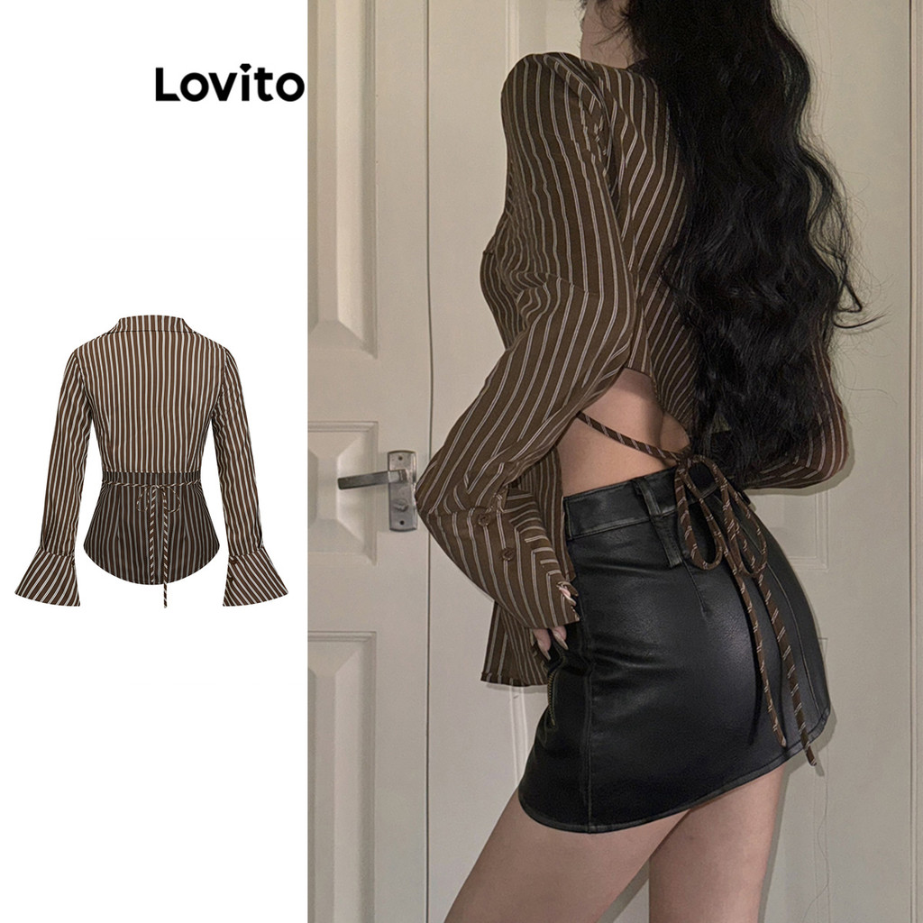 Áo kiểu nữ Lovito tay loa kèn buộc sau kẻ sọc phong cách thường ngày L106AD249