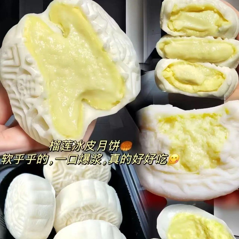 Còn hàng Durian Ice Skin Mooncake Bursting Filling Durian Snowskin Mooncake với kem làm đầy và da tu