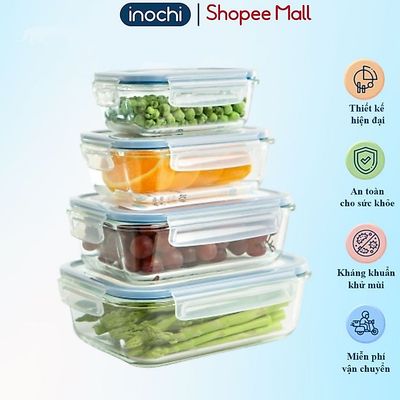 Hộp thủy tinh chữ nhật Inochi Nikko, nắp kín chống rò rỉ, dùngđược lò nướng đựng cơm cao cấp tiệnlợi