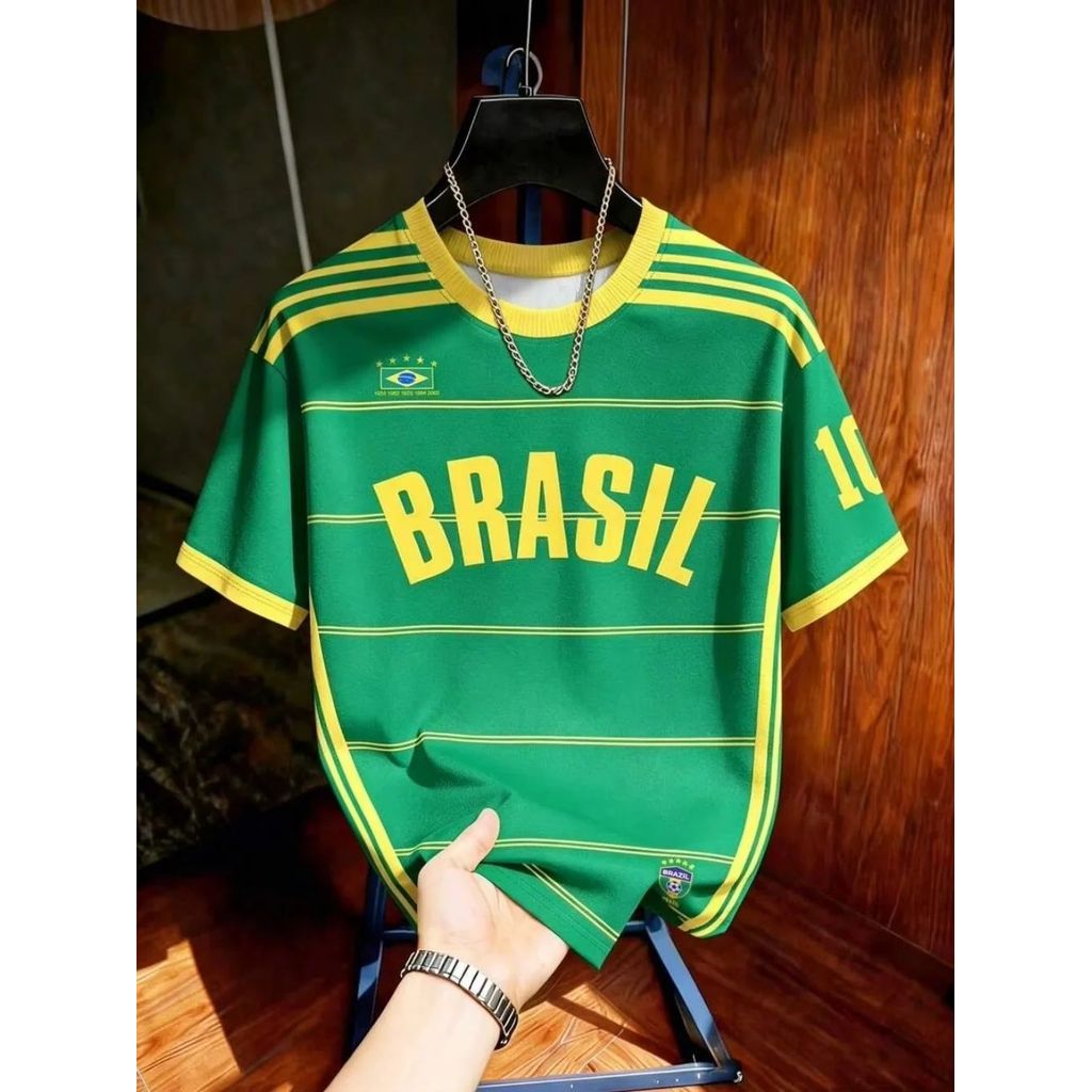 Mùa Hè Brazil Áo Bóng Đá Sọc Nhanh Khô Tee Mùa Hè Brazil Áo Bóng Đá Nam Thể Thao Áo Thun Tay Ngắn