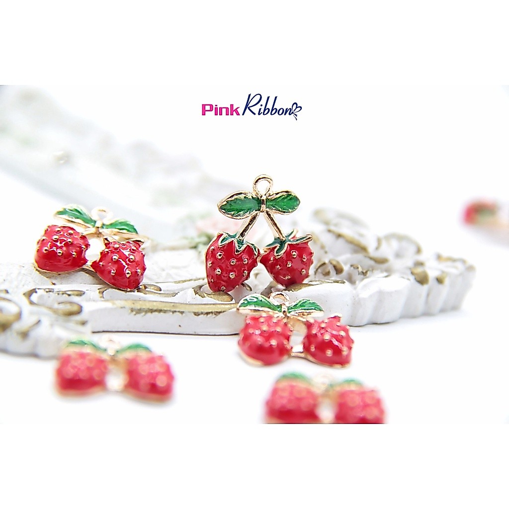 *[SET 3 CÁI] Charm chùm dâu tây cao cấp 1.7cm phụ kiện thời trang, gắn nơ bờm, kẹp tóc, DIY
