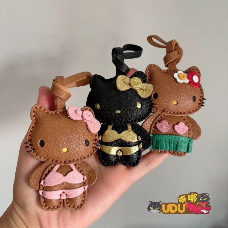 Sáng Tạo Da Hello Kitty Mặt Dây Chuyền Dễ Thương Vui Vẻ Hawaii Da Đen Hello Kitty Móc Khóa Dopamine 