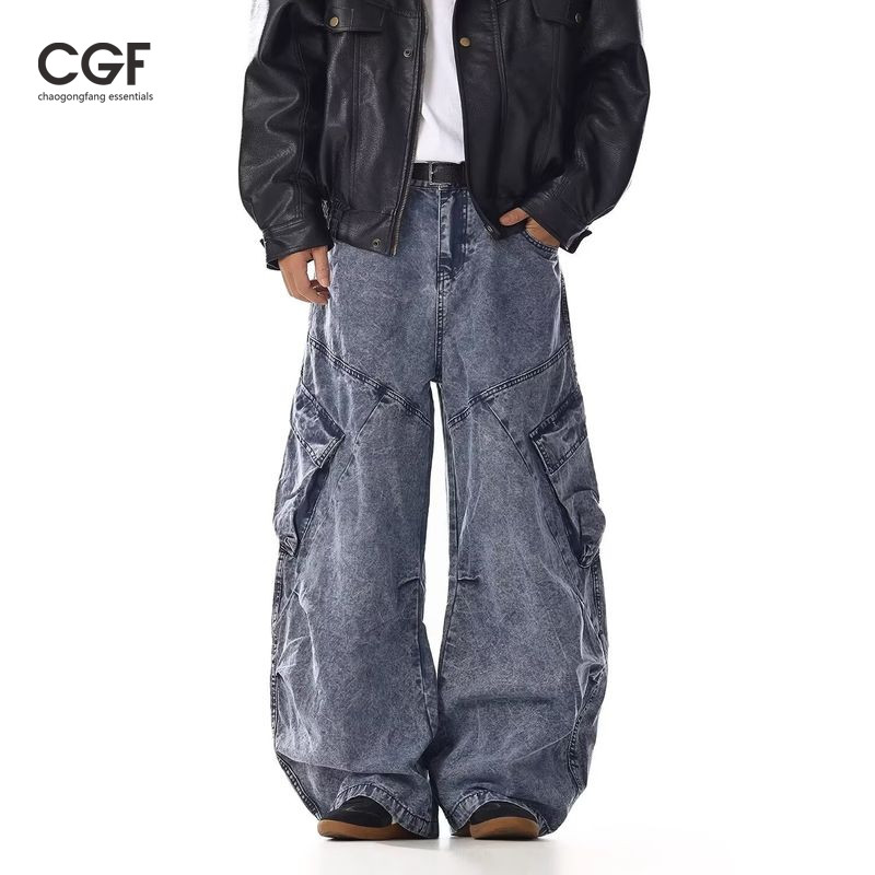 American Retro Heavy Industry Washed and Distressed Cargo Jeans Multi-Pocket Design Sense