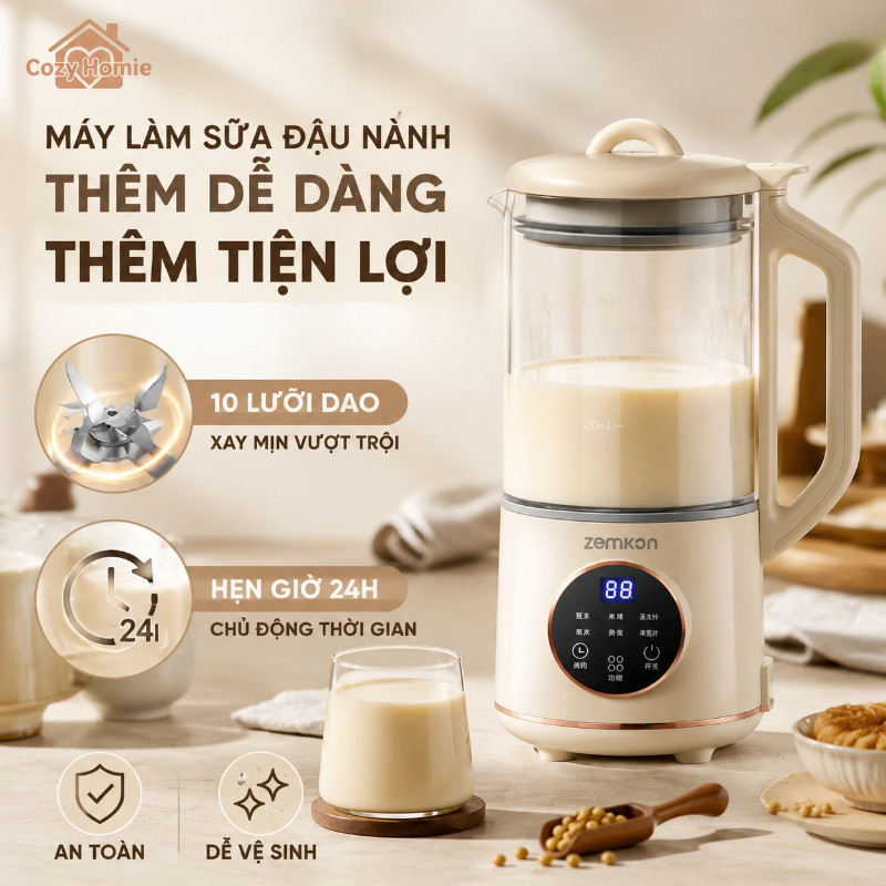 Máy làm sữa đậu nành 10 lưỡi dao hẹn giờ 24h chống dính nấu thông minh dễ vệ sinh cối thủy tinh