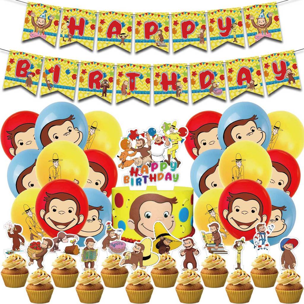 Curious George Trang trí tiệc sinh nhật Kéo cờ Bóng Bộ đồ dùng dự tiệc trẻ em Curious George