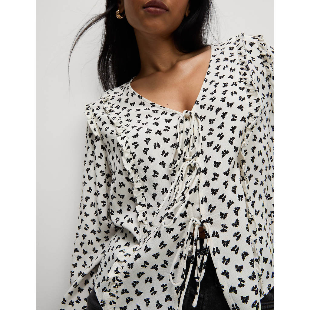 M&S - Women Tops - Printed Tie Front Ruffle Blouse - IVORY MIX