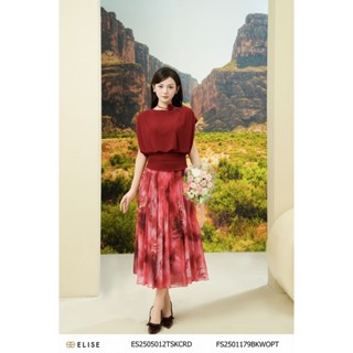  Chân váy voan hoa hồng đỏ dập ly thiết kế Elise FS2501179BKWOPT 