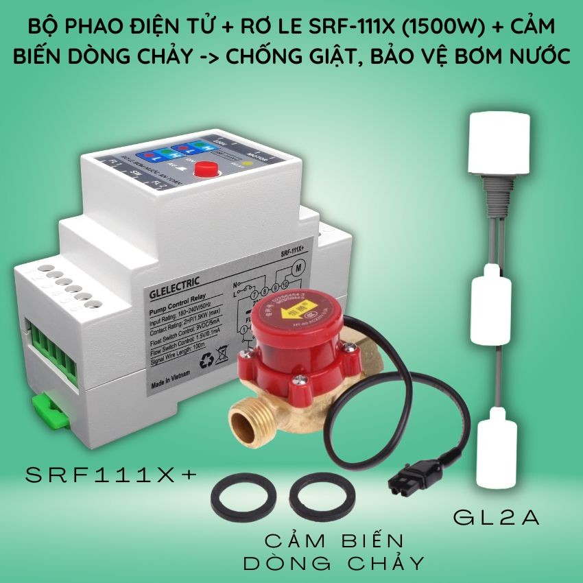 Trọn bộ điều khiển bơm nước an toàn gồm Phao điện tử GL2A + Rơ le SRF-111X plus + cảm biến dòng chảy
